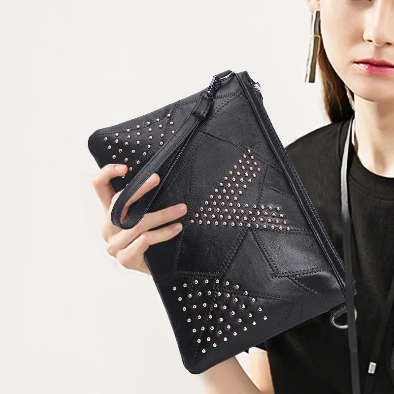 Women’s Black Rivet Shoulder Bag – Small Crossbody Messenger Handbag