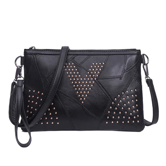 Women’s Black Rivet Shoulder Bag – Small Crossbody Messenger Handbag