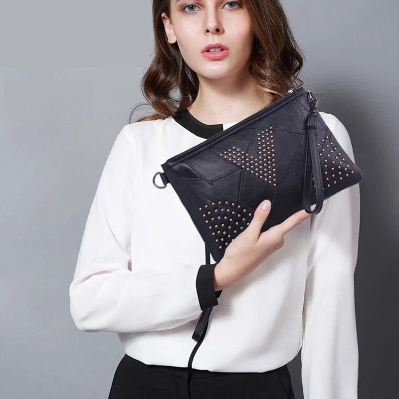 Women’s Black Rivet Shoulder Bag – Small Crossbody Messenger Handbag