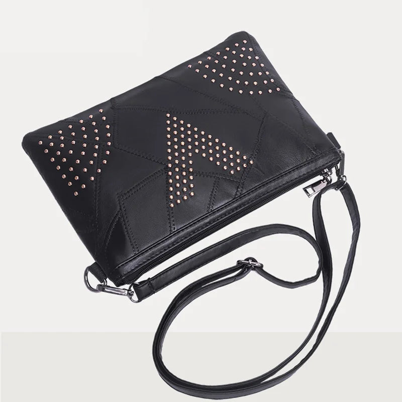 Women’s Black Rivet Shoulder Bag – Small Crossbody Messenger Handbag