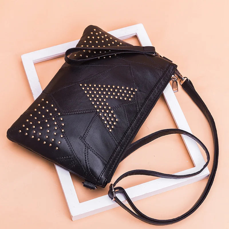 Women’s Black Rivet Shoulder Bag – Small Crossbody Messenger Handbag