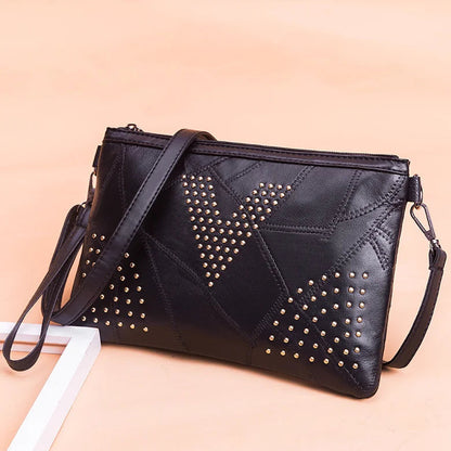 Women’s Black Rivet Shoulder Bag – Small Crossbody Messenger Handbag