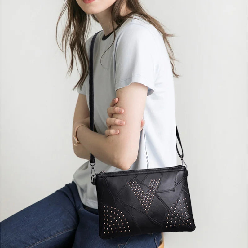 Women’s Black Rivet Shoulder Bag – Small Crossbody Messenger Handbag