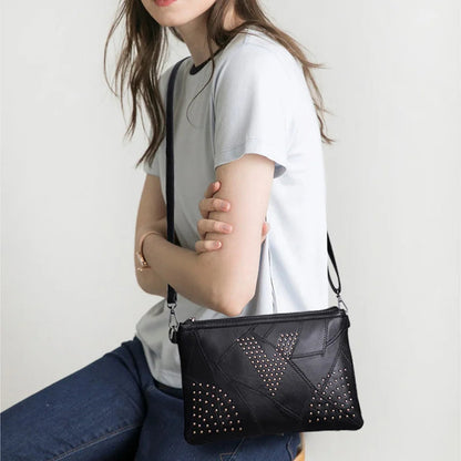 Women’s Black Rivet Shoulder Bag – Small Crossbody Messenger Handbag