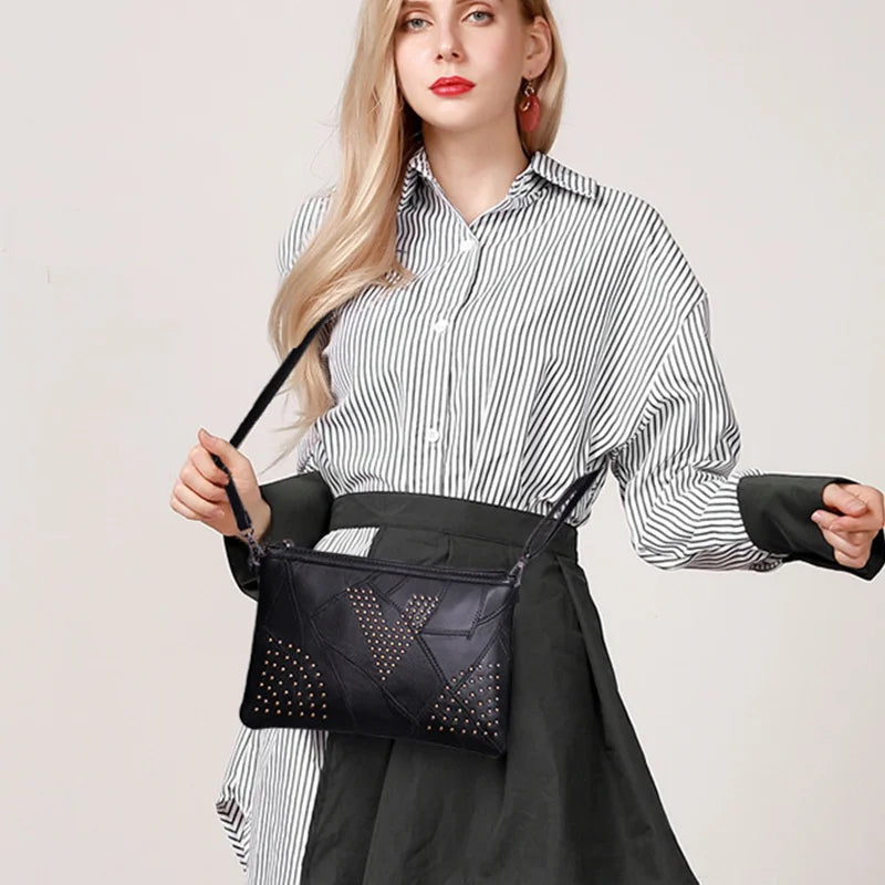 Women’s Black Rivet Shoulder Bag – Small Crossbody Messenger Handbag