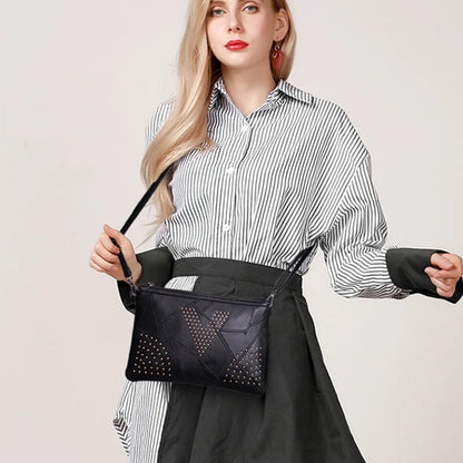 Women’s Black Rivet Shoulder Bag – Small Crossbody Messenger Handbag