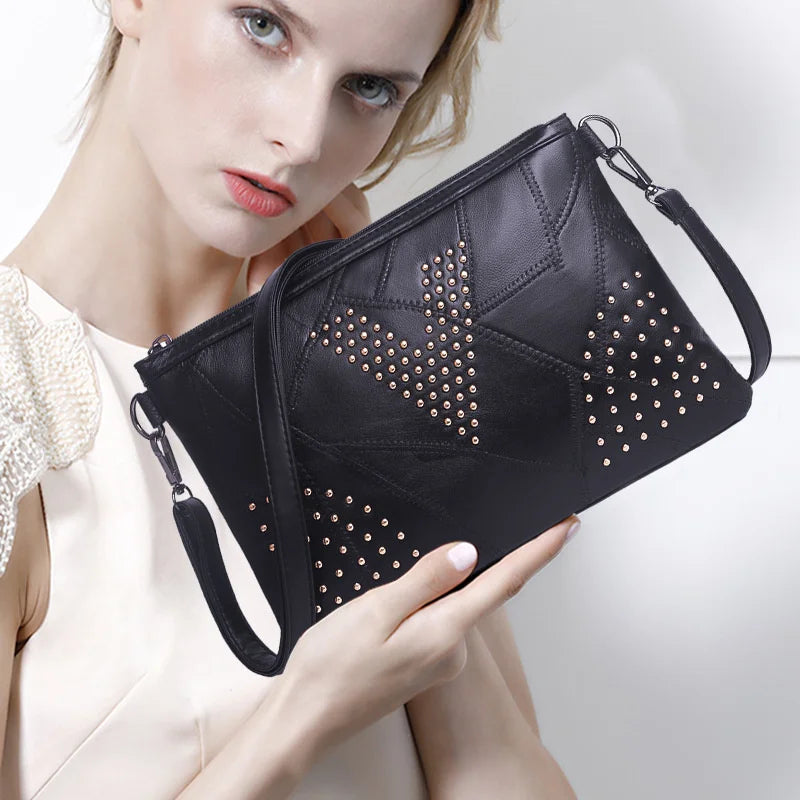 Women’s Black Rivet Shoulder Bag – Small Crossbody Messenger Handbag