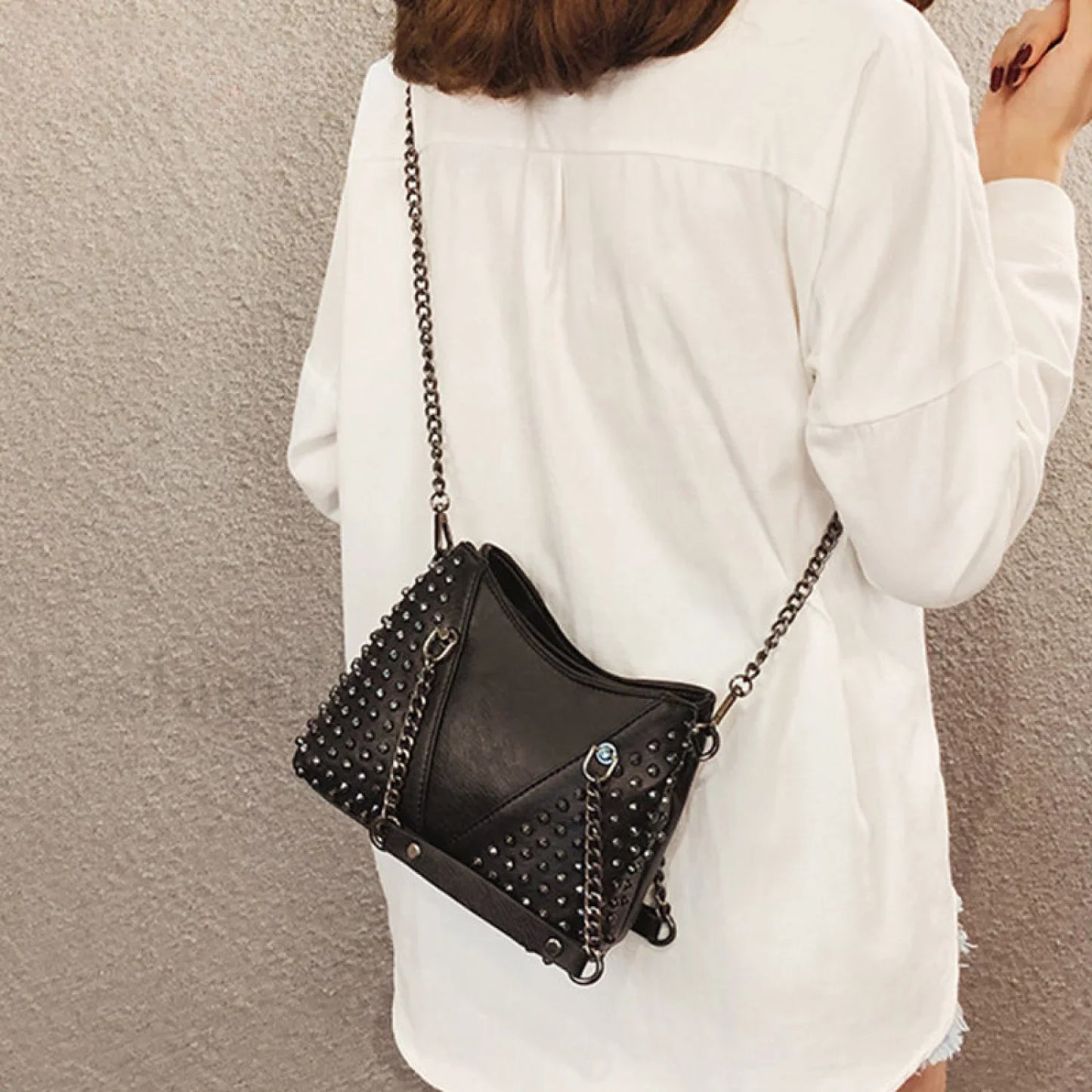 Studded Rivet Rock Chain Purse Leather Crossbody Wallet Punk Bag